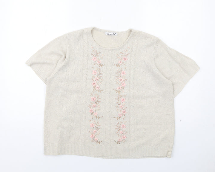 Berkertex Womens Beige Crew Neck Floral Acrylic Pullover Jumper Size 14 Pullover