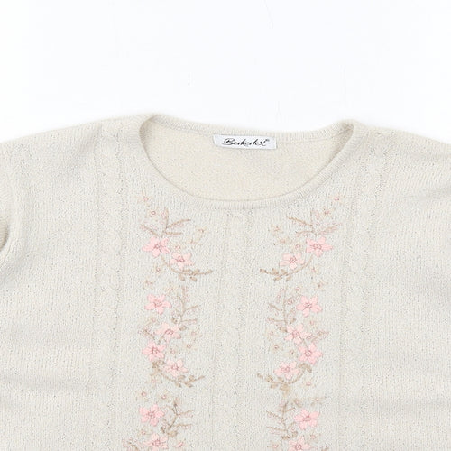 Berkertex Womens Beige Crew Neck Floral Acrylic Pullover Jumper Size 14 Pullover
