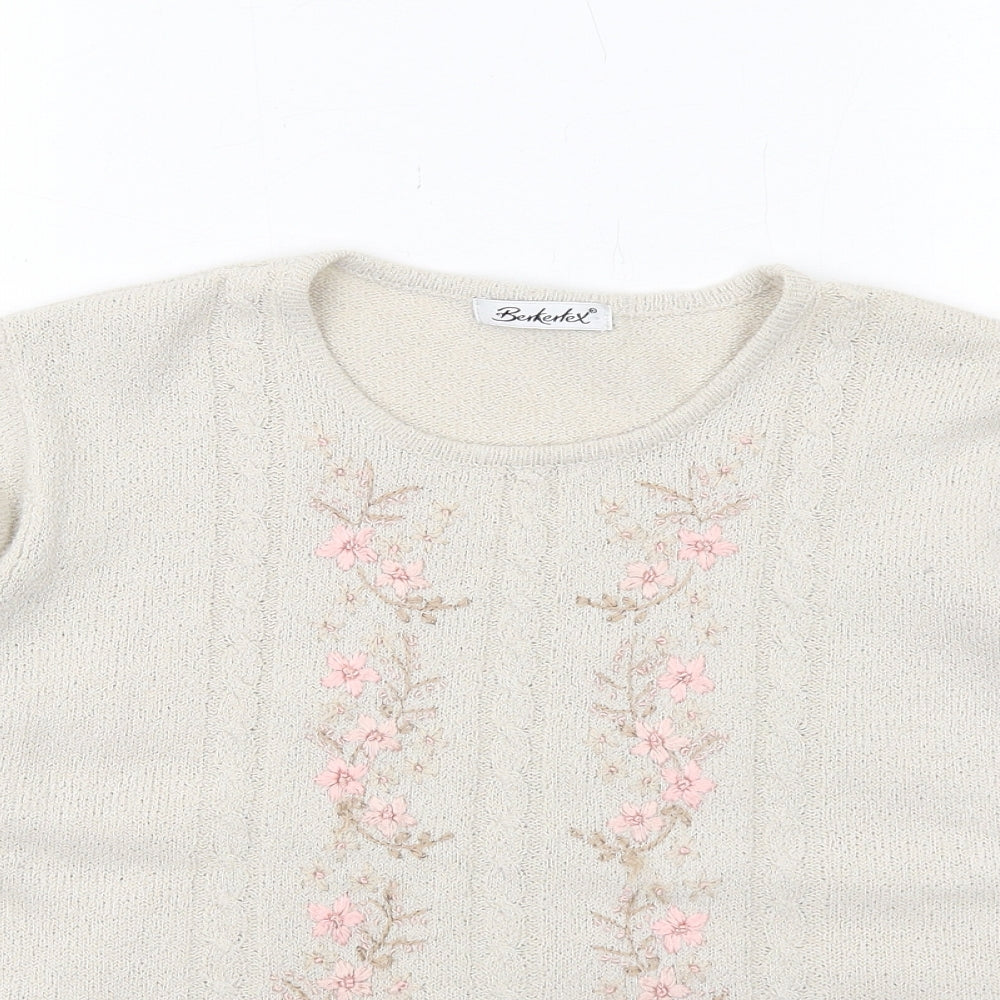 Berkertex Womens Beige Crew Neck Floral Acrylic Pullover Jumper Size 14 Pullover