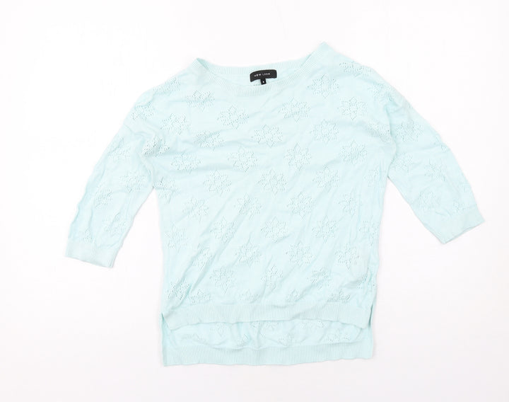 New Look Womens Blue Round Neck Floral Cotton Pullover Jumper Size 8