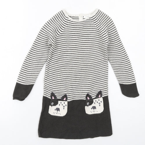 NEXT Girls Black Striped Cotton Jumper Dress Size 5-6 Years Boat Neck Button - Dog Pockets