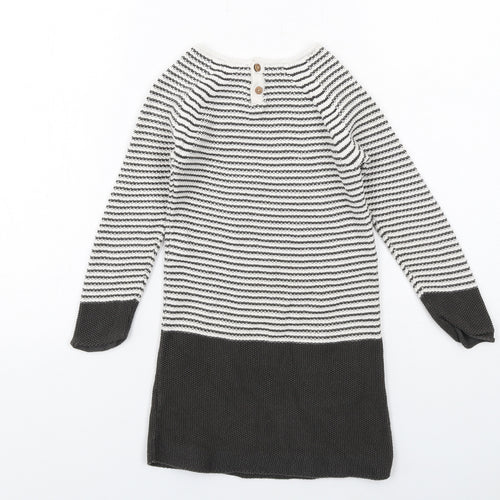 NEXT Girls Black Striped Cotton Jumper Dress Size 5-6 Years Boat Neck Button - Dog Pockets