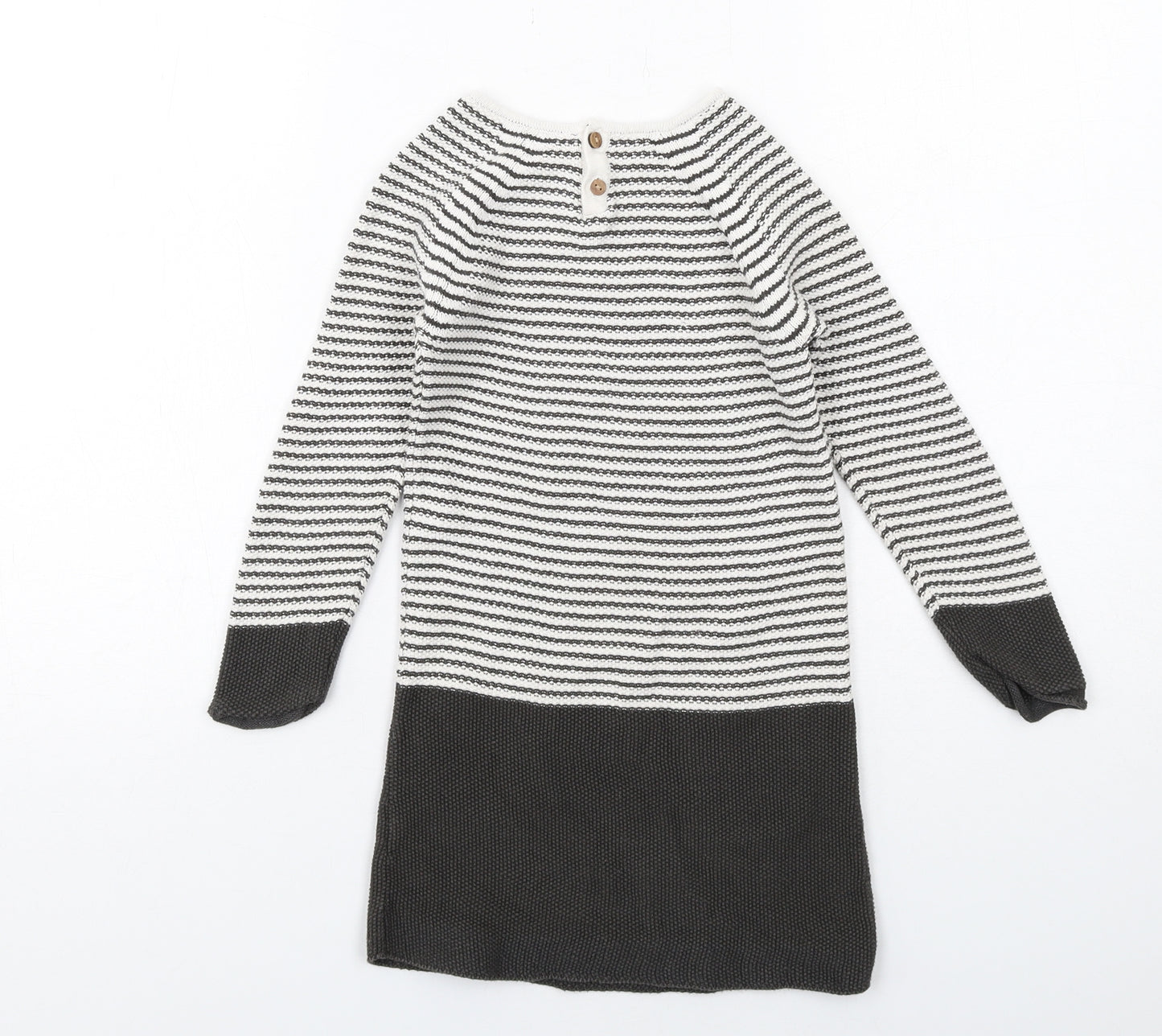 NEXT Girls Black Striped Cotton Jumper Dress Size 5-6 Years Boat Neck Button - Dog Pockets