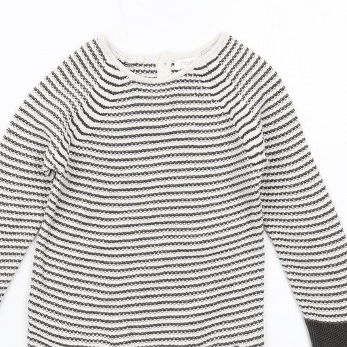 NEXT Girls Black Striped Cotton Jumper Dress Size 5-6 Years Boat Neck Button - Dog Pockets