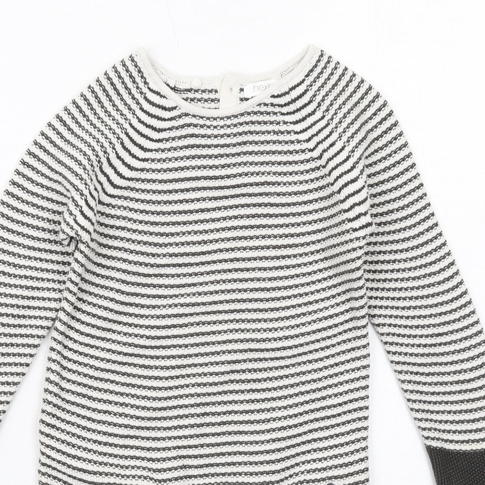 NEXT Girls Black Striped Cotton Jumper Dress Size 5-6 Years Boat Neck Button - Dog Pockets