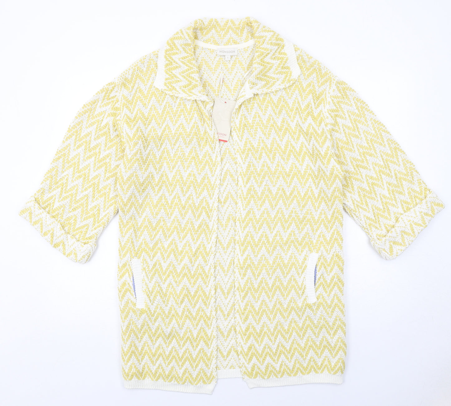 Monsoon Womens Yellow Collared Herringbone Cotton Cardigan Jumper Size S