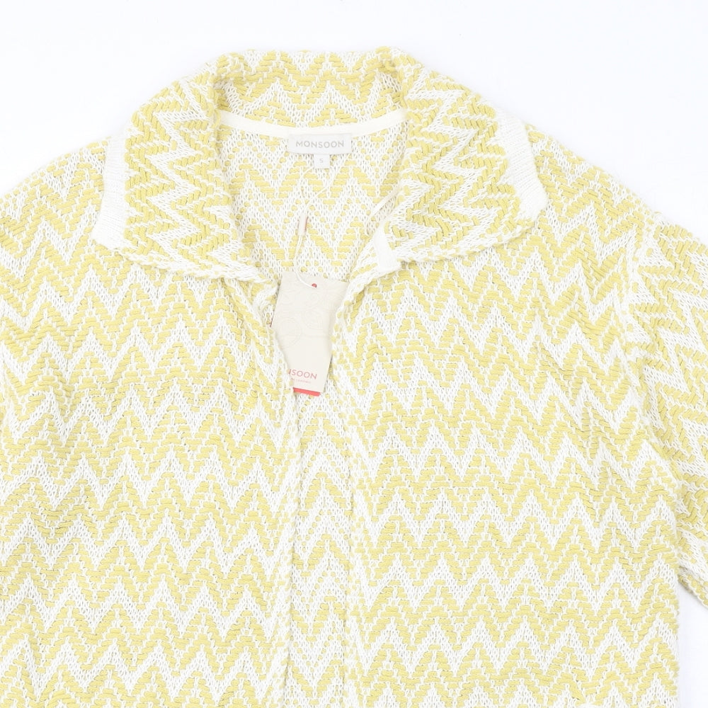 Monsoon Womens Yellow Collared Herringbone Cotton Cardigan Jumper Size S
