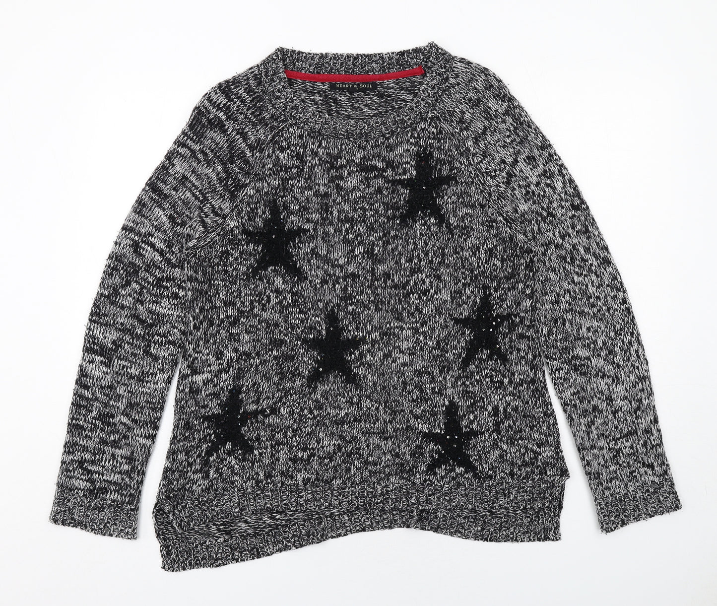 Heart & Soul Womens Black Round Neck Geometric Acrylic Pullover Jumper Size 16 - Star Pattern