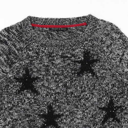 Heart & Soul Womens Black Round Neck Geometric Acrylic Pullover Jumper Size 16 - Star Pattern