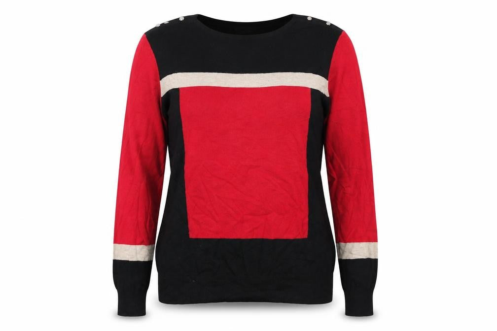 Front view of Wallis women’s black round neck geometric polyester jumper, size UK 16