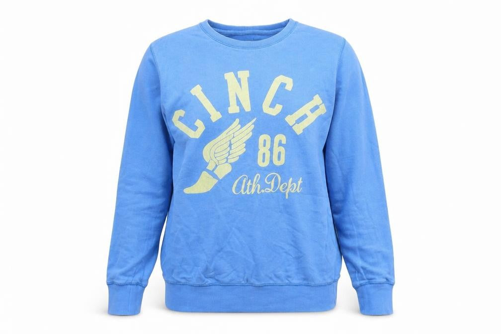 Front view of Cinch women’s blue cotton pullover sweatshirt, size UK 12, pullover