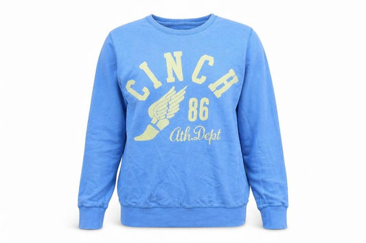 Front view of Cinch women’s blue cotton pullover sweatshirt, size UK 12, pullover
