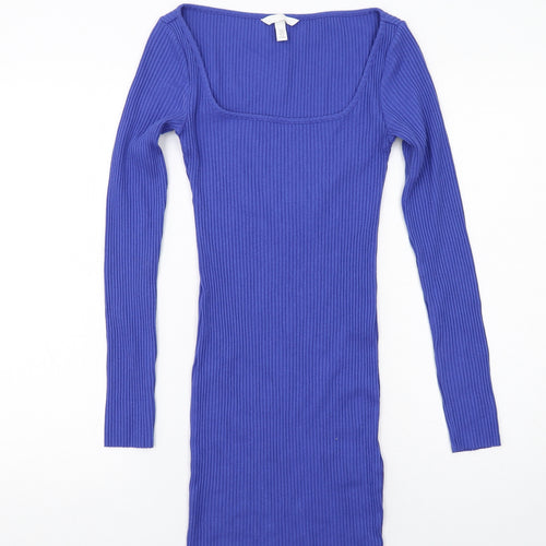H&M Womens Blue Cotton Jumper Dress Size S Square Neck Pullover