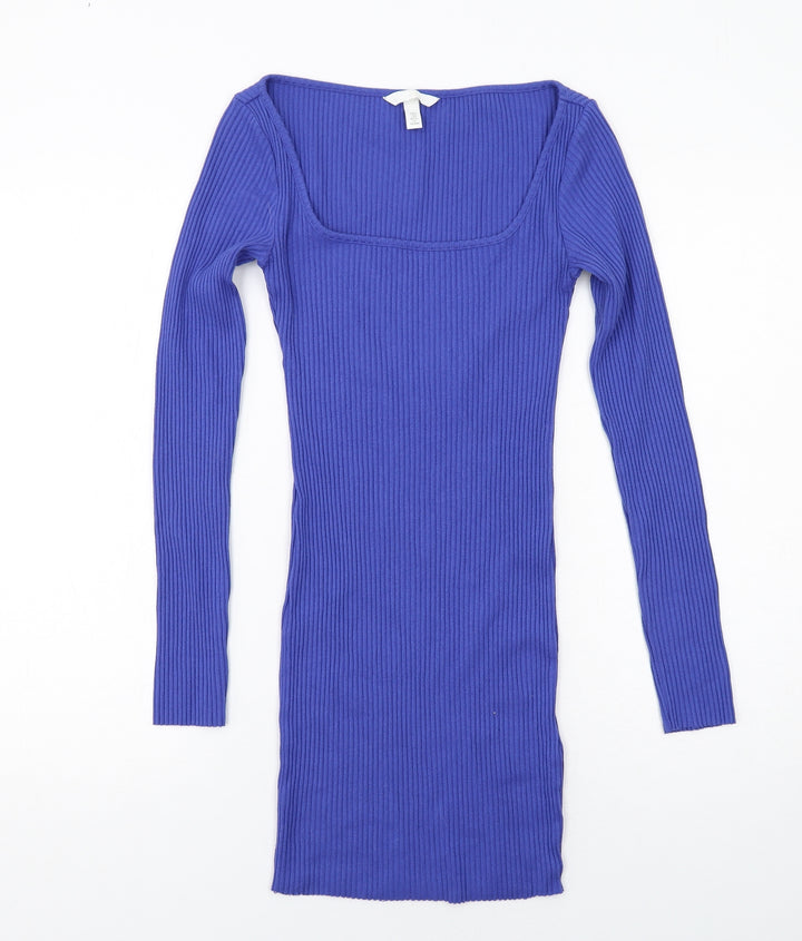 H&M Womens Blue Cotton Jumper Dress Size S Square Neck Pullover
