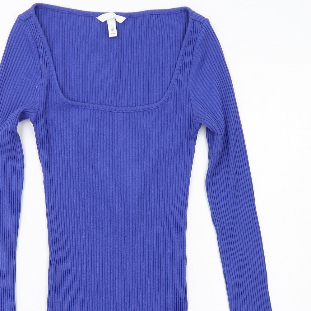 H&M Womens Blue Cotton Jumper Dress Size S Square Neck Pullover