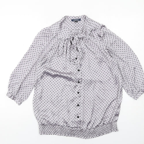 Amphora Womens Grey Polka Dot Polyester Basic Button-Up Size 10 Round Neck - Tie Neck Detail