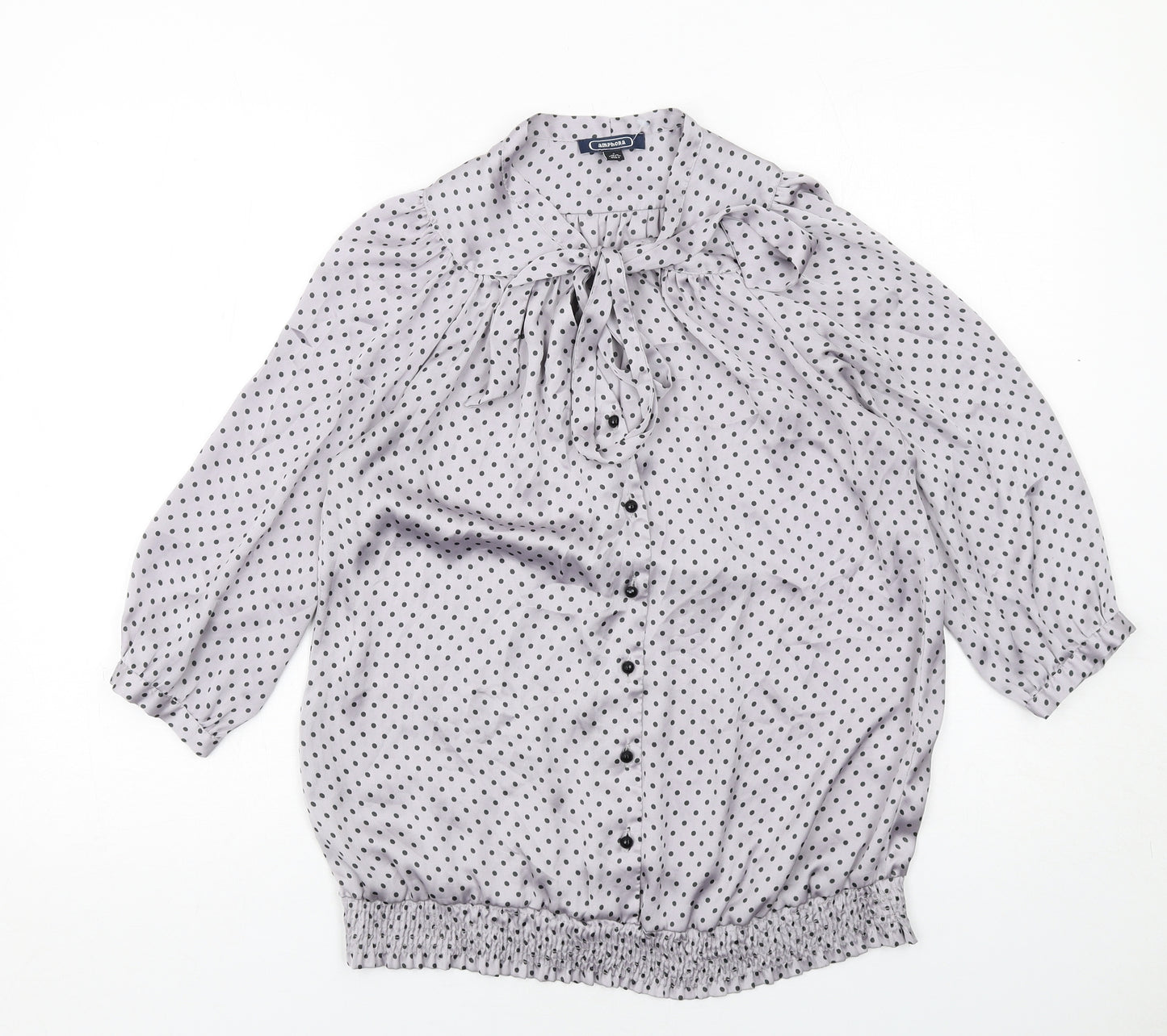 Amphora Womens Grey Polka Dot Polyester Basic Button-Up Size 10 Round Neck - Tie Neck Detail