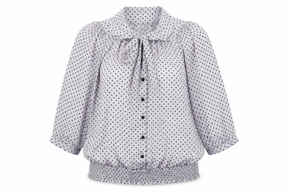 Front view of Amphora women’s grey polka dot polyester basic button-up, size UK 10, round neck - tie neck detail