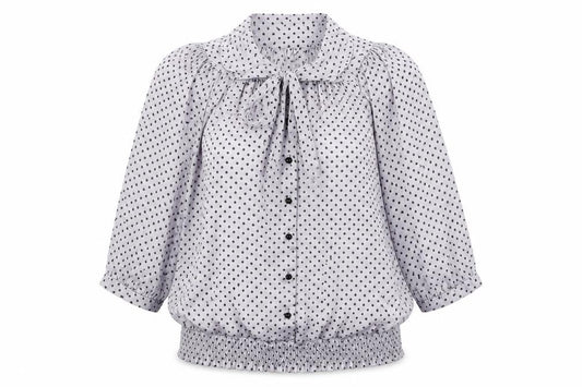 Front view of Amphora women’s grey polka dot polyester basic button-up, size UK 10, round neck - tie neck detail