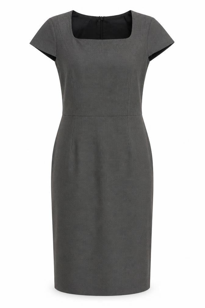 Front view of The Collection women’s black geometric polyester shift, size UK 6, square neck zip
