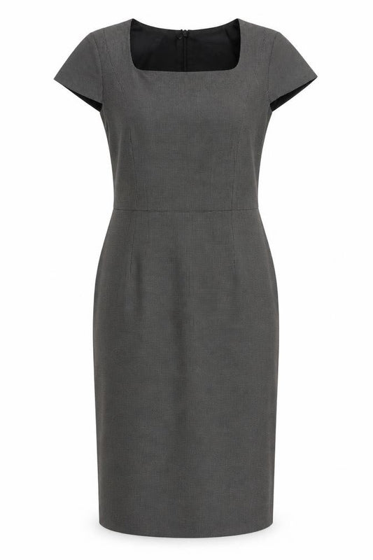 Front view of The Collection women’s black geometric polyester shift, size UK 6, square neck zip