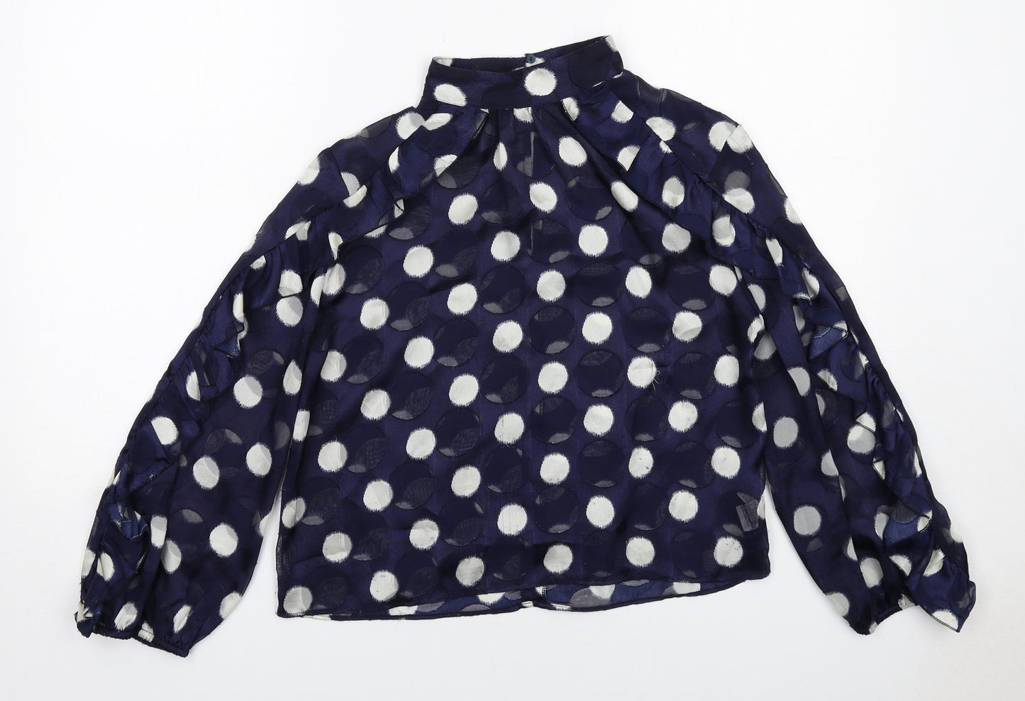 Zara Womens Blue Polka Dot Polyester Basic Blouse Size S Mock Neck