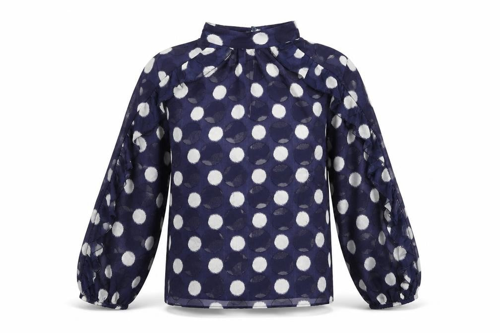 Front view of Zara women’s blue polka dot polyester basic blouse, size S, mock neck