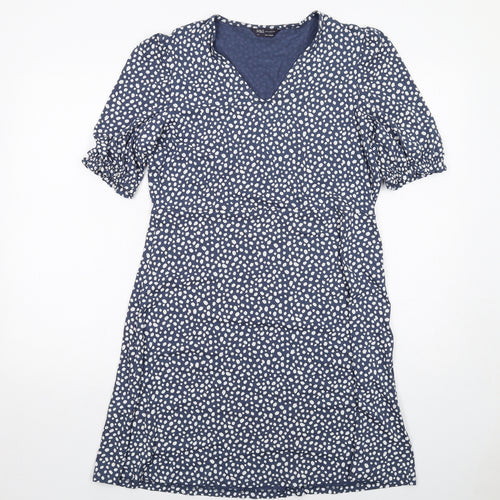 Marks and Spencer Womens Blue Geometric Viscose A-Line Size 14 V-Neck Pullover