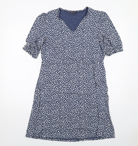 Marks and Spencer Womens Blue Geometric Viscose A-Line Size 14 V-Neck Pullover