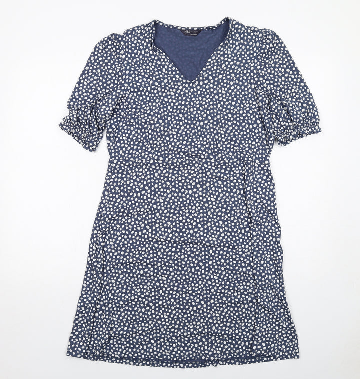 Marks and Spencer Womens Blue Geometric Viscose A-Line Size 14 V-Neck Pullover