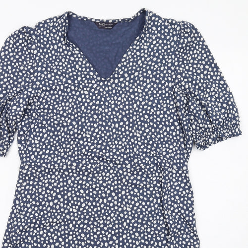 Marks and Spencer Womens Blue Geometric Viscose A-Line Size 14 V-Neck Pullover
