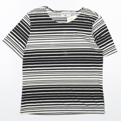 Kathy Ireland Womens Black Striped Polyester Basic T-Shirt Size 10 Boat Neck