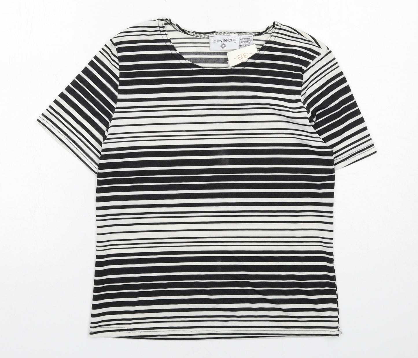 Kathy Ireland Womens Black Striped Polyester Basic T-Shirt Size 10 Boat Neck