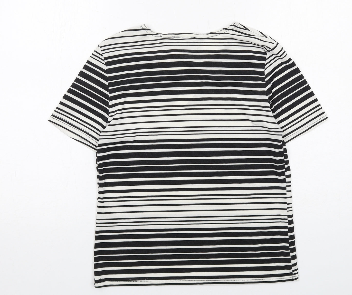 Kathy Ireland Womens Black Striped Polyester Basic T-Shirt Size 10 Boat Neck