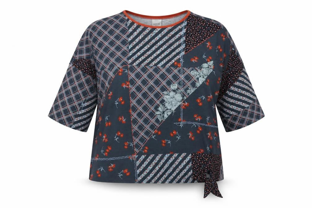 Front view of Taifun women’s grey geometric polyester basic blouse, size M, boat neck - tie side detail