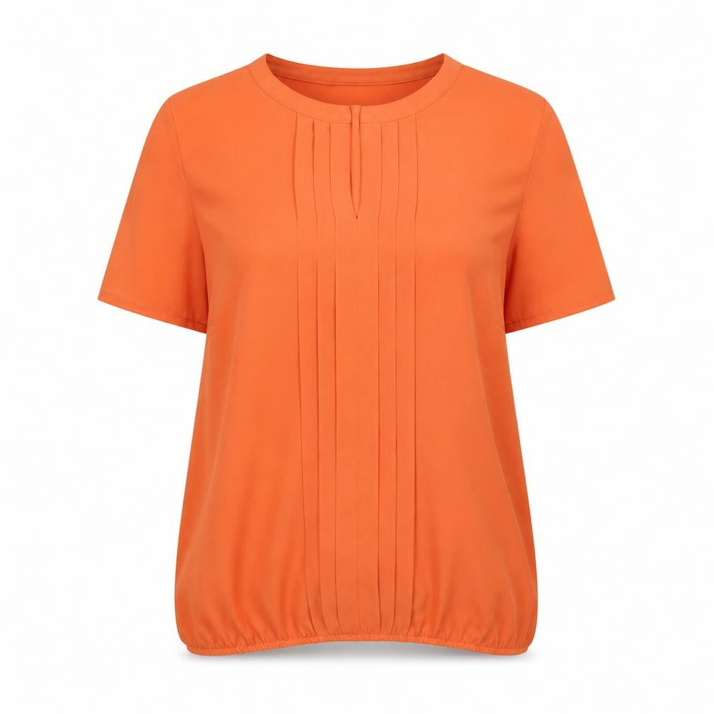 Front view of Bonmarché women’s orange polyester basic blouse, size UK 12, round neck - front pleat detail