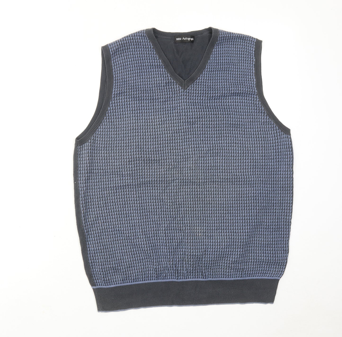 Autograph Mens Blue V-Neck Geometric Cotton Vest Jumper Size M Sleeveless