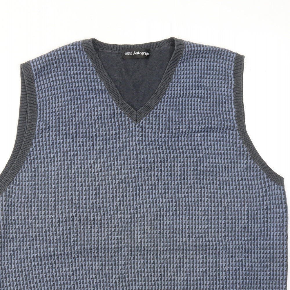 Autograph Mens Blue V-Neck Geometric Cotton Vest Jumper Size M Sleeveless