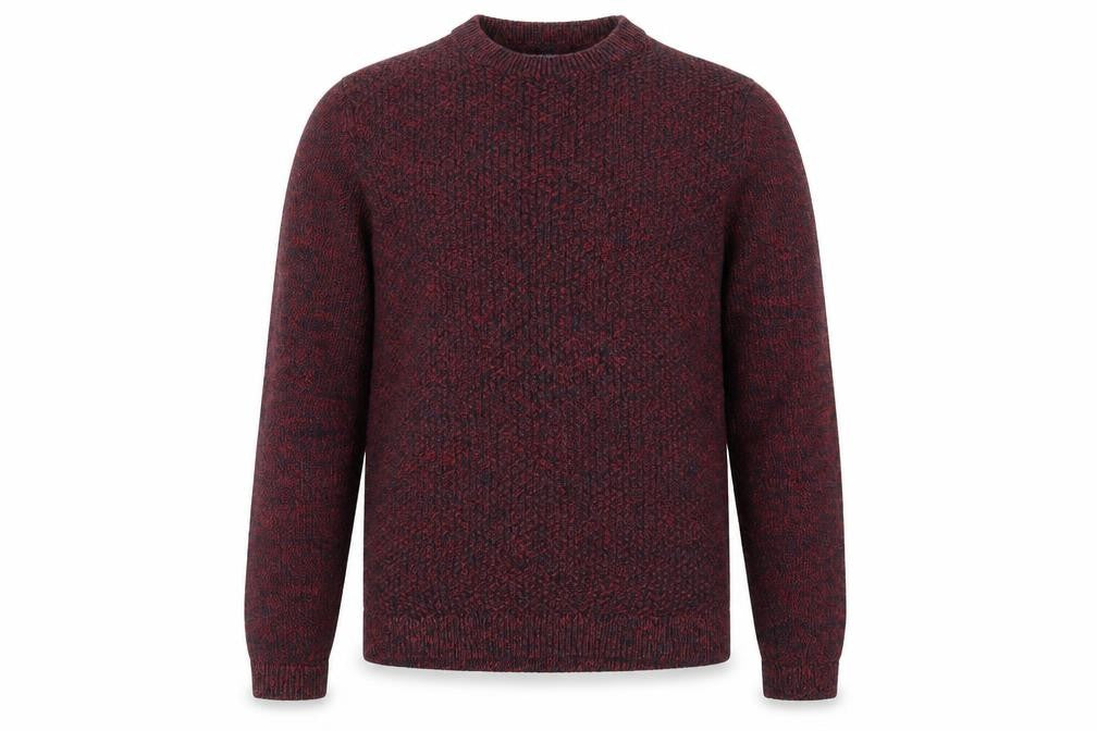 Front view of Topman men’s red round neck acrylic jumper, size S, long sleeve