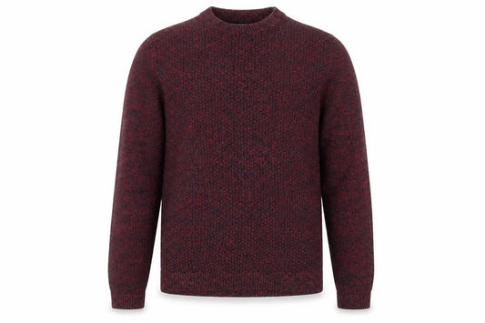 Front view of Topman men’s red round neck acrylic jumper, size S, long sleeve