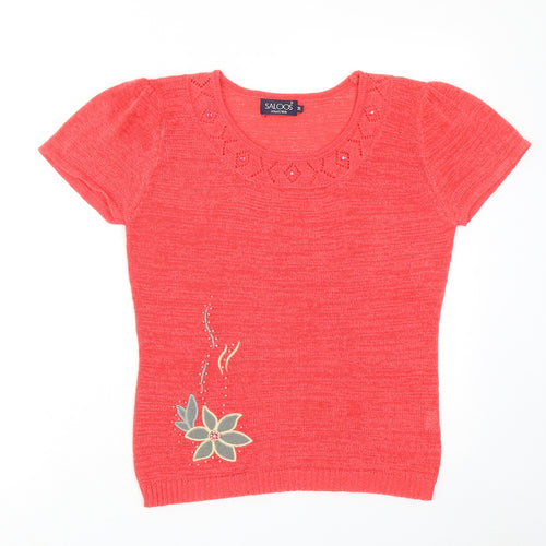 Saloos Womens Pink Round Neck Polyester Pullover Jumper Size M - Flower Detail