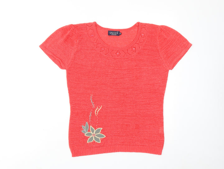 Saloos Womens Pink Round Neck Polyester Pullover Jumper Size M - Flower Detail