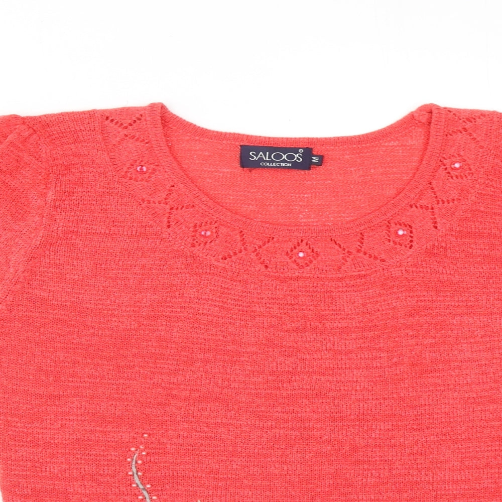 Saloos Womens Pink Round Neck Polyester Pullover Jumper Size M - Flower Detail