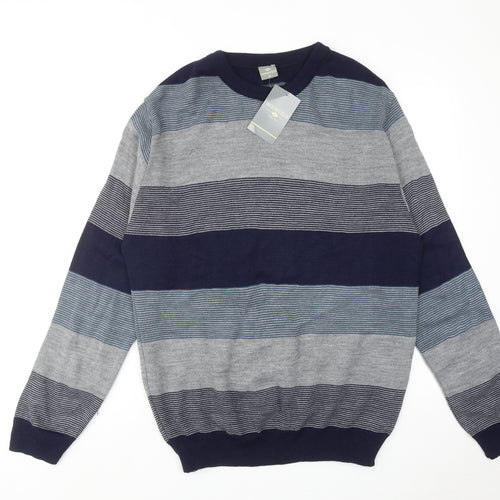 Woodville Mens Blue Round Neck Striped Acrylic Pullover Jumper Size M Long Sleeve