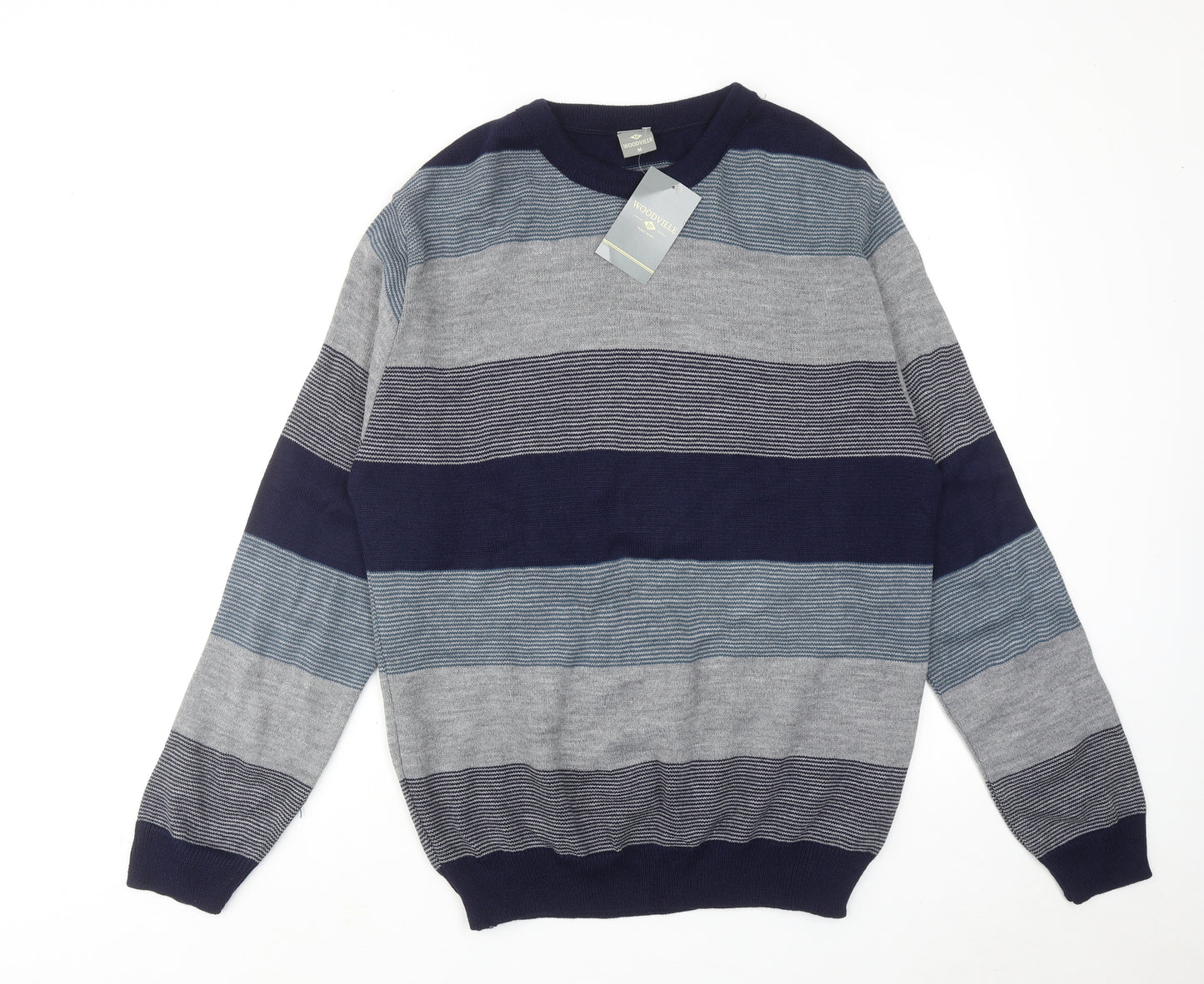 Woodville Mens Blue Round Neck Striped Acrylic Pullover Jumper Size M Long Sleeve