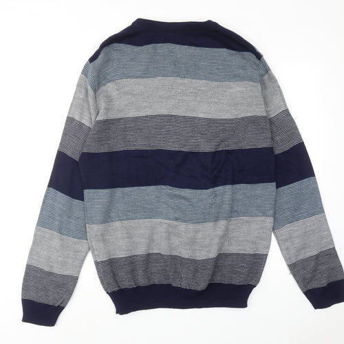 Woodville Mens Blue Round Neck Striped Acrylic Pullover Jumper Size M Long Sleeve