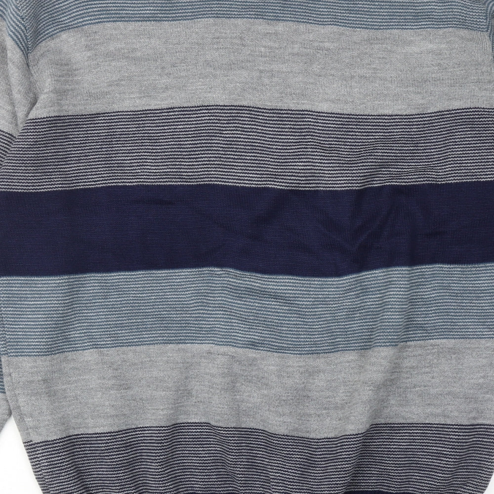 Woodville Mens Blue Round Neck Striped Acrylic Pullover Jumper Size M Long Sleeve
