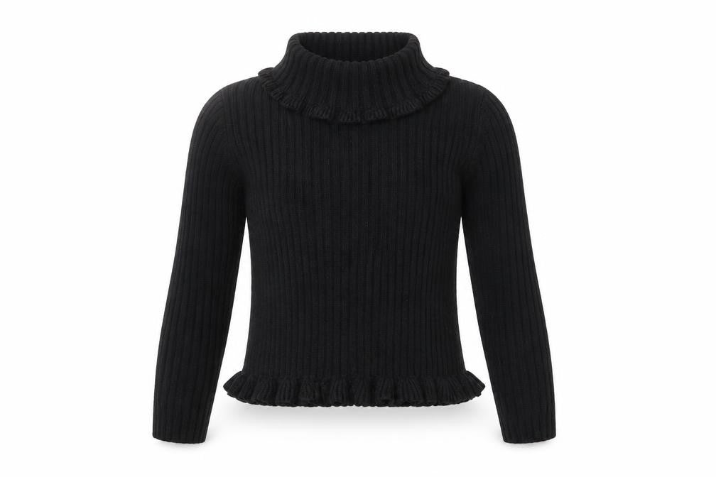 Front view of Rachel Zoe girls’ black roll neck acrylic jumper, size 7-8, years pullover