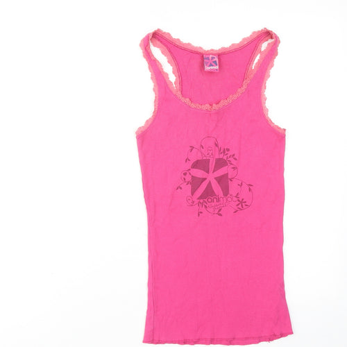 Animal Womens Pink Cotton Basic Tank Size 10 Round Neck - Lace Details