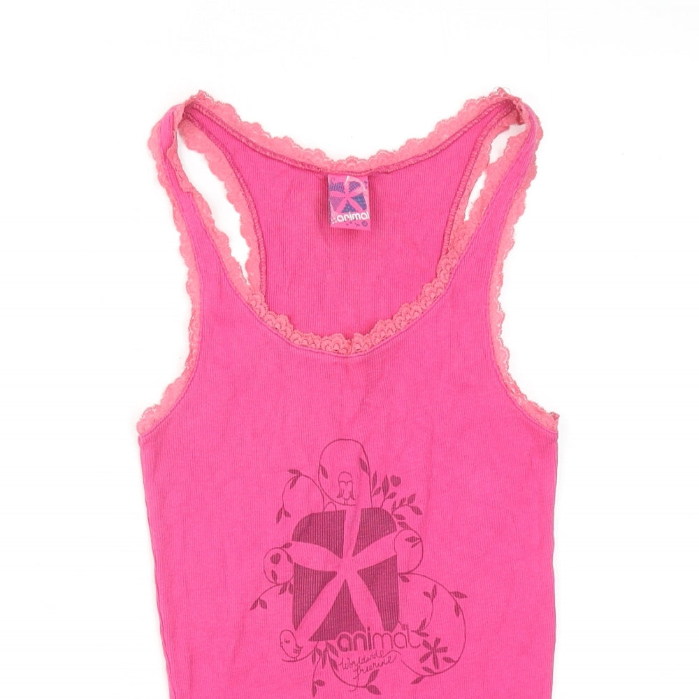 Animal Womens Pink Cotton Basic Tank Size 10 Round Neck - Lace Details
